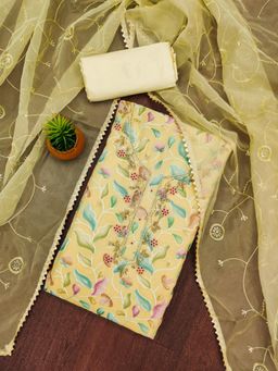 Zeepkart - Yellow Organza Embroidered Unstitched Kurta with Bottom and Dupatta (Set of 3)