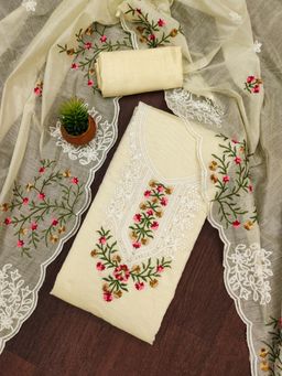 Zeepkart - Cream Cotton Embroidered Unstitched Kurta with Bottom and Dupatta (Set of 3)