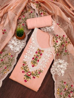 Zeepkart - Orange Cotton Embroidered Unstitched Kurta with Bottom and Dupatta (Set of 3)