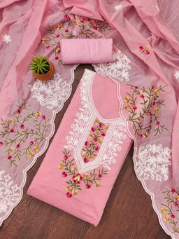 Zeepkart - Pink Cotton Embroidered Unstitched Kurta with Bottom and Dupatta (Set of 3)