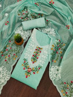 Zeepkart - Teal Cotton Embroidered Unstitched Kurta with Bottom and Dupatta (Set of 3)