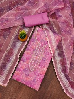 Zeepkart - Pink Organza Embroidered Unstitched Kurta with Bottom and Dupatta (Set of 3)