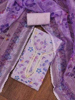Zeepkart - Purple Organza Embroidered Unstitched Kurta with Bottom and Dupatta (Set of 3)