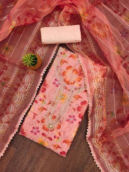 Zeepkart - Red Organza Embroidered Unstitched Kurta with Bottom and Dupatta (Set of 3)