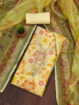 Zeepkart - Yellow Organza Embroidered Unstitched Kurta with Bottom and Dupatta (Set of 3)