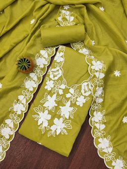 Zeepkart - Green Cotton Embroidered Unstitched Kurta with Bottom and Dupatta (Set of 3)