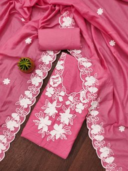 Zeepkart - Pink Cotton Embroidered Unstitched Kurta with Bottom and Dupatta (Set of 3)