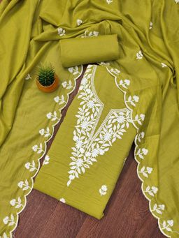 Zeepkart - Green Cotton Embroidered Unstitched Kurta with Bottom and Dupatta (Set of 3)