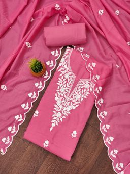 Zeepkart - Pink Cotton Embroidered Unstitched Kurta with Bottom and Dupatta (Set of 3)