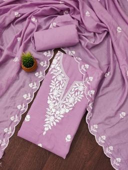 Zeepkart - Purple Cotton Embroidered Unstitched Kurta with Bottom and Dupatta (Set of 3)