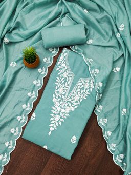 Zeepkart - Teal Cotton Embroidered Unstitched Kurta with Bottom and Dupatta (Set of 3)