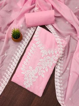Zeepkart - Baby Pink Cotton Embroidered Unstitched Kurta with Bottom and Dupatta (Set of 3)