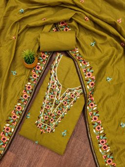 Zeepkart - Olive Cotton Embroidered Unstitched Kurta with Bottom and Dupatta (Set of 3)