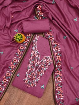 Zeepkart - Pink Cotton Embroidered Unstitched Kurta with Bottom and Dupatta (Set of 3)