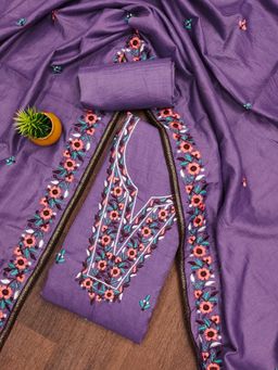 Zeepkart - Purple Cotton Embroidered Unstitched Kurta with Bottom and Dupatta (Set of 3)