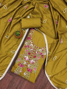 Zeepkart - Mustard Cotton Embroidered Unstitched Kurta with Bottom and Dupatta (Set of 3)
