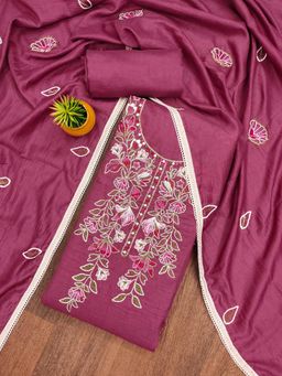 Zeepkart - Pink Cotton Embroidered Unstitched Kurta with Bottom and Dupatta (Set of 3)