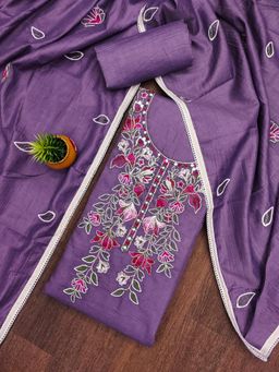 Zeepkart - Purple Cotton Embroidered Unstitched Kurta with Bottom and Dupatta (Set of 3)