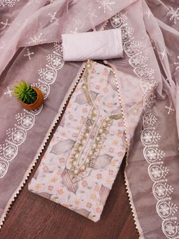 Zeepkart - Cream Organza Embroidered Unstitched Kurta with Bottom and Dupatta (Set of 3)