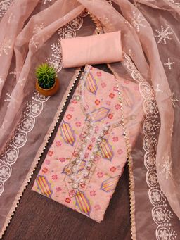 Zeepkart - Orange Organza Embroidered Unstitched Kurta with Bottom and Dupatta (Set of 3)