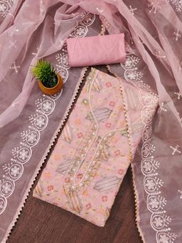 Zeepkart - Pink Organza Embroidered Unstitched Kurta with Bottom and Dupatta (Set of 3)