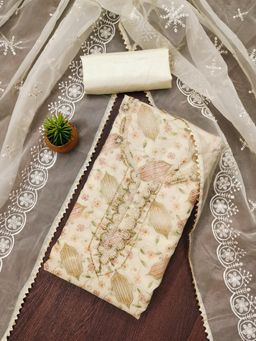 Zeepkart - Cream Organza Embroidered Unstitched Kurta with Bottom and Dupatta (Set of 3)