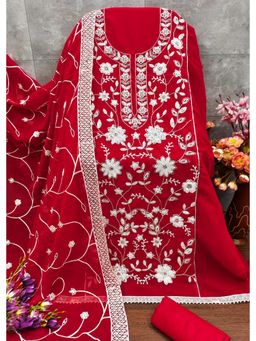 Zeepkart - Red Georgette Embroidered Unstitched Kurta with Bottom and Dupatta (Set of 3)