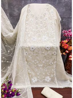 Zeepkart - White Georgette Embroidered Unstitched Kurta with Bottom and Dupatta (Set of 3)