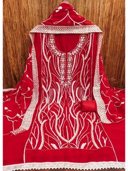 Zeepkart - Red Georgette Embroidered Unstitched Kurta with Bottom and Dupatta (Set of 3)