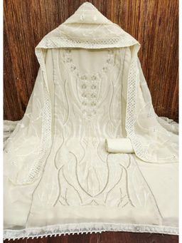 Zeepkart - White Georgette Embroidered Unstitched Kurta with Bottom and Dupatta (Set of 3)