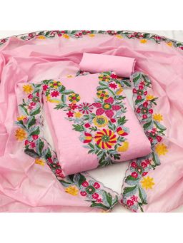 Zeepkart - Pink Chanderi Cotton Embroidered Unstitched Kurta with Bottom and Dupatta (Set of 3)