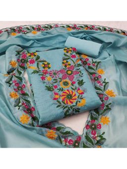 Zeepkart - Teal Chanderi Cotton Embroidered Unstitched Kurta with Bottom and Dupatta (Set of 3)