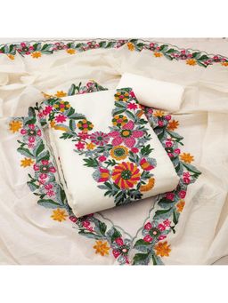 Zeepkart - White Chanderi Cotton Embroidered Unstitched Kurta with Bottom and Dupatta (Set of 3)