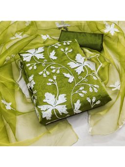 Zeepkart - Green Organza Embroidered Unstitched Kurta with Bottom and Dupatta (Set of 3)