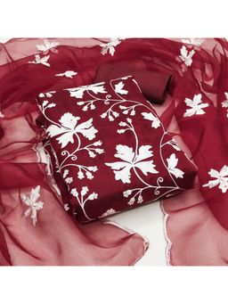 Zeepkart - Maroon Organza Embroidered Unstitched Kurta with Bottom and Dupatta (Set of 3)