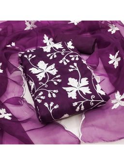 Zeepkart - Purple Organza Embroidered Unstitched Kurta with Bottom and Dupatta (Set of 3)