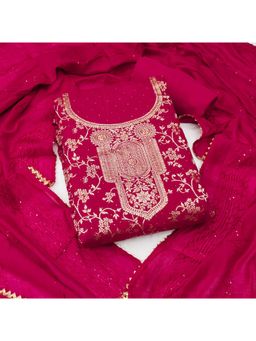 Zeepkart - Red Chanderi Embroidered Unstitched Kurta with Bottom and Dupatta (Set of 3)