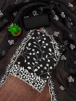Zeepkart - Black Organza Embroidered Unstitched Kurta with Bottom and Dupatta (Set of 3)