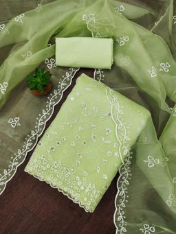 Zeepkart - Green Organza Embroidered Unstitched Kurta with Bottom and Dupatta (Set of 3)