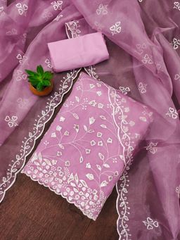 Zeepkart - Pink Organza Embroidered Unstitched Kurta with Bottom and Dupatta (Set of 3)