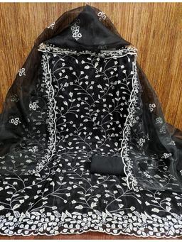 Zeepkart - Black Organza Embroidered Unstitched Kurta with Bottom and Dupatta (Set of 3)