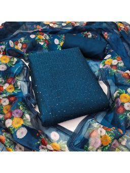 Zeepkart - Aqua Chanderi Embroidered Unstitched Kurta with Bottom and Dupatta (Set of 3)