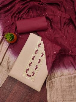 Zeepkart - Cream Cotton Embroidered Unstitched Kurta with Bottom and Dupatta (Set of 3)