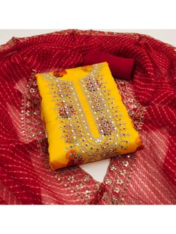 Zeepkart - Yellow Chanderi Embroidered Unstitched Kurta with Bottom and Dupatta (Set of 3)