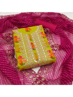 Zeepkart - Green Chanderi Embroidered Unstitched Kurta with Bottom and Dupatta (Set of 3)