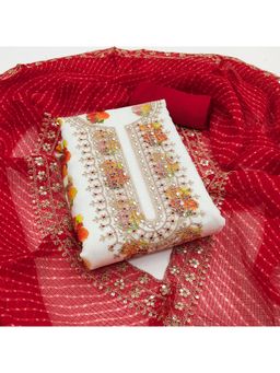 Zeepkart - White Chanderi Embroidered Unstitched Kurta with Bottom and Dupatta (Set of 3)