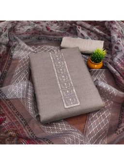 Zeepkart - Grey Cotton Embroidered Unstitched Kurta with Bottom and Dupatta (Set of 3)