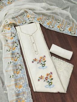 Zeepkart - White Chanderi Cotton Embroidered Unstitched Kurta with Bottom and Dupatta (Set of 3)