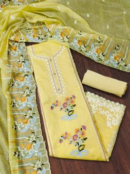 Zeepkart - Yellow Chanderi Cotton Embroidered Unstitched Kurta with Bottom and Dupatta (Set of 3)