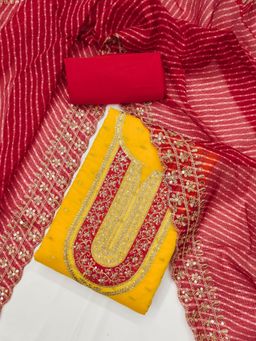 Zeepkart - Gold Chanderi Cotton Embroidered Unstitched Kurta with Bottom and Dupatta (Set of 3)